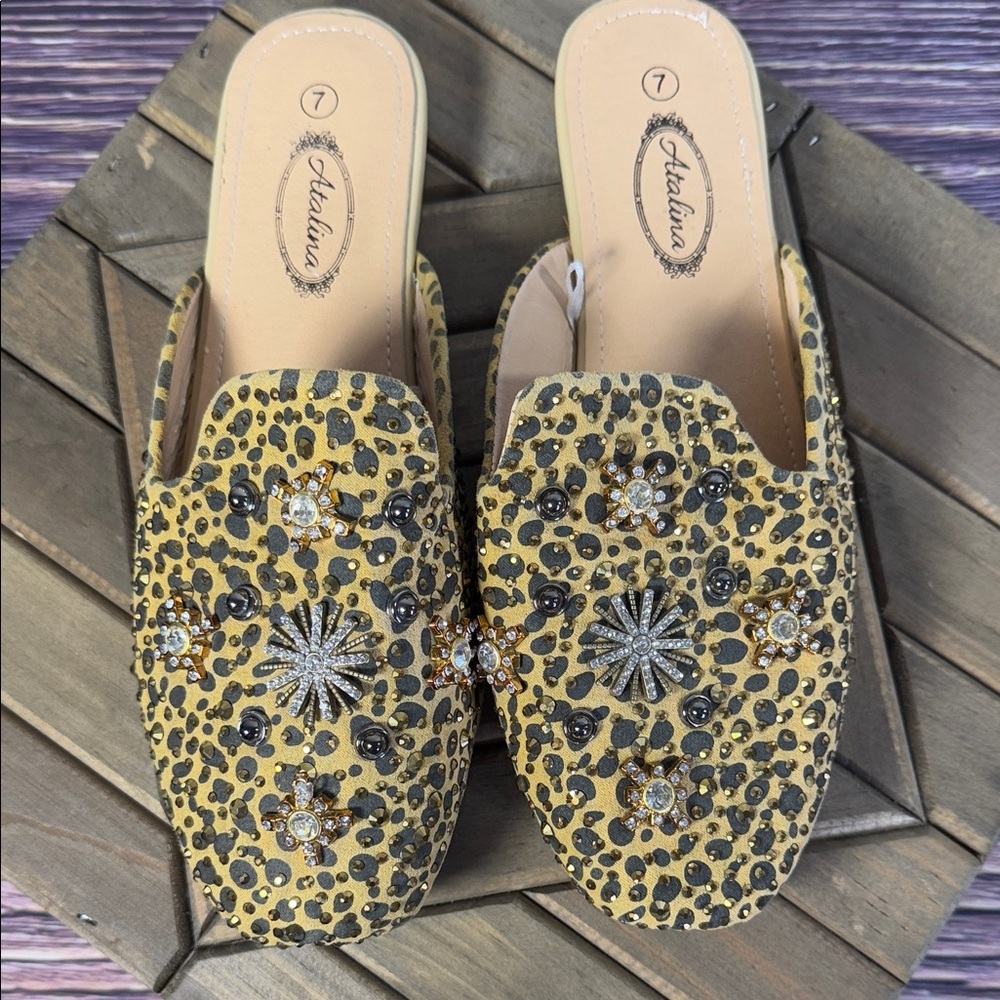 Atalina Atalina Women’s Black Brown Gold Rhinestones Mules Slides Bejeweled‎